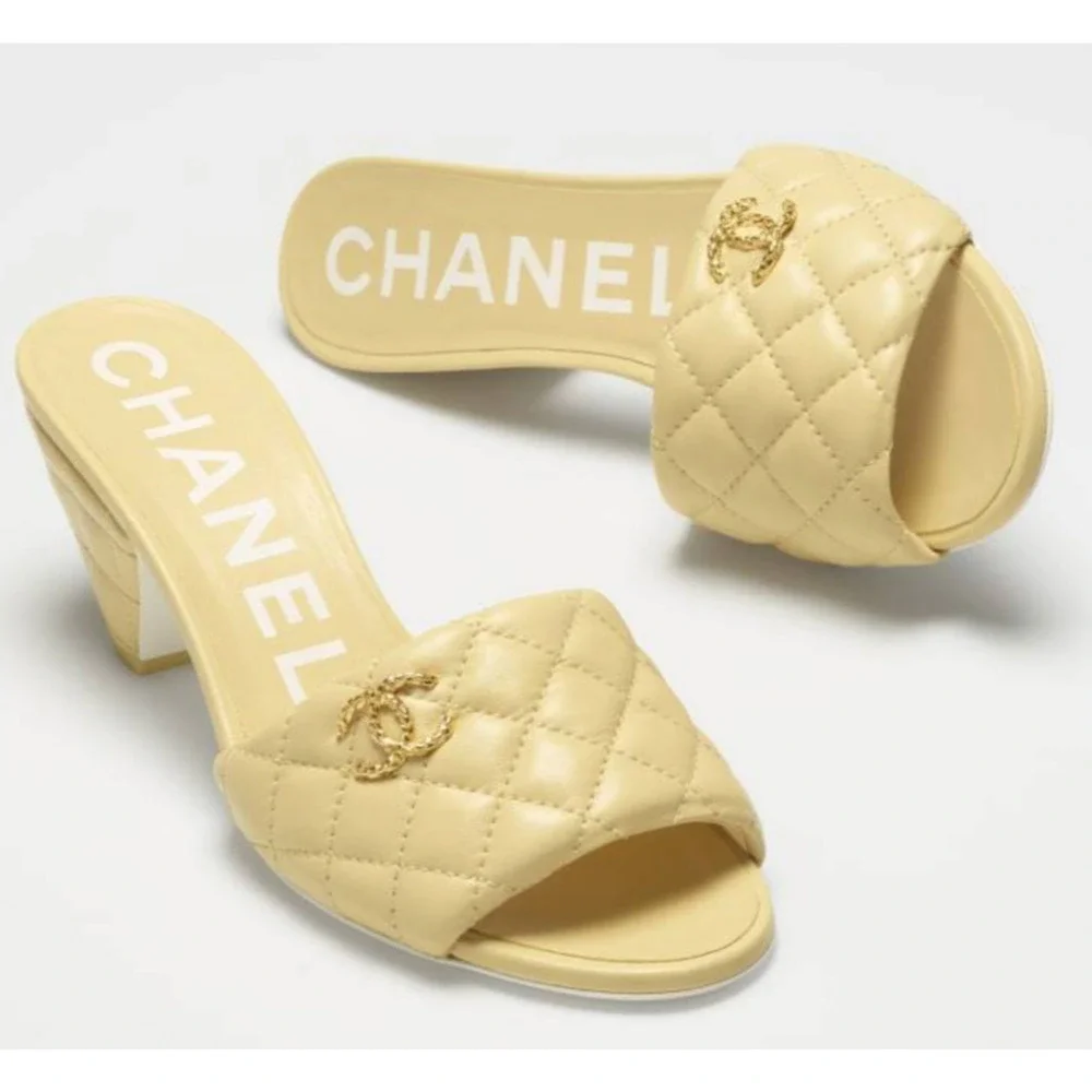 Chanel 22P Yellow Lambskin Quilted CC Gold Logo Cone Heel Mule Slide Sandal 38 - Picture 3 of 12